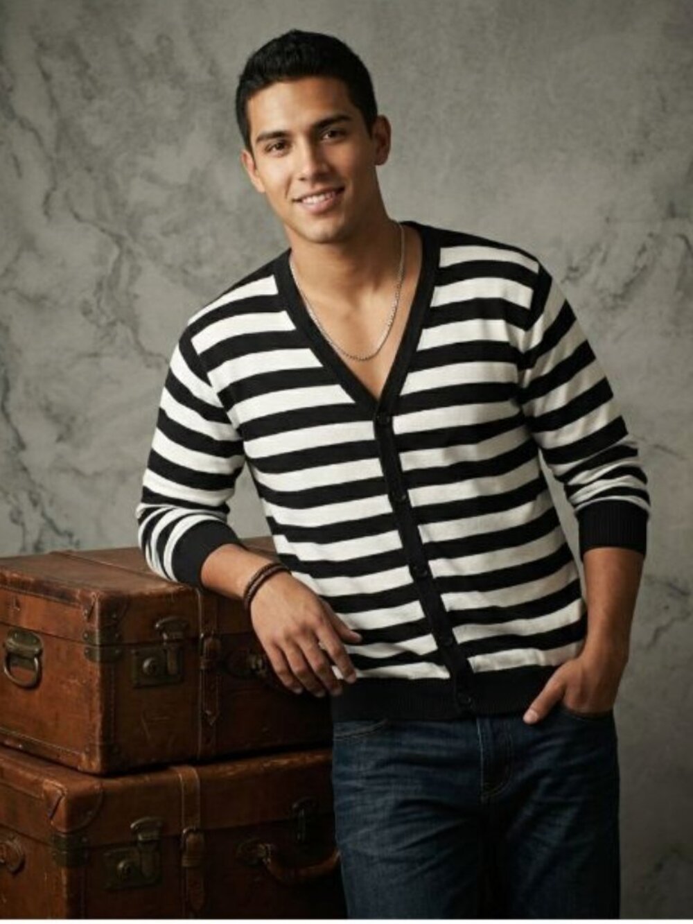 Jordan Craig Men XL Cardigan Black White Striped Cotton Knit V-Neck Preppy Retro